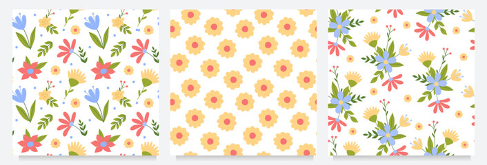 Set with bright seamless floral patterns. Collection of kids cute prints for textile wrapping scrap paper. Simple childish vector illustration