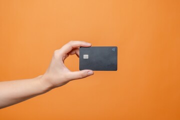 Close up elegant hand with blank credit card with online service for mockup isolated on orange background. Modern way of banking and buying