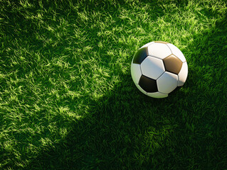 a traditional black and white soccer ball football isolated on the green soccer field turf. composition close up with grass and copyspace for text editing