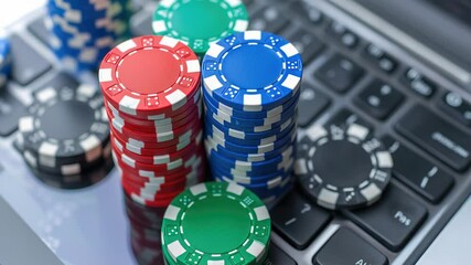 Poker chips stacked on laptop keyboard highlighting online gambling and digital casino trends