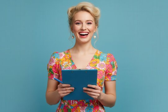 A cheerful female party organizer holds a clipboard in her hands while looking directly at the camera
