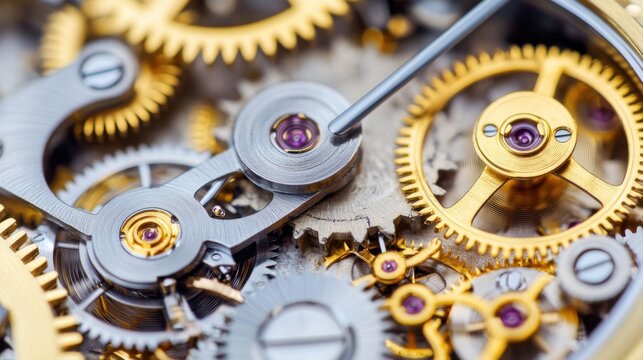 A watchmaker meticulously assembling gears inside a luxury timepiece. Featuring precision craftsmanship and intricate detail