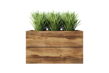 A rustic wooden planter filled with vibrant green grass sits elegantly on a light background, adding a fresh touch to any space isolated on transparent background