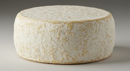 Round cheese with white rind on gray background close up studio shot.