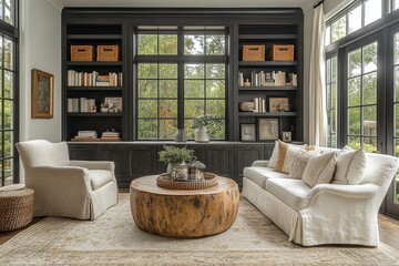 Modern farmhouse living room with built-in bookshelves, grey couches, black matte cabinets, white walls, and Studio McGee–inspired neutral decor.