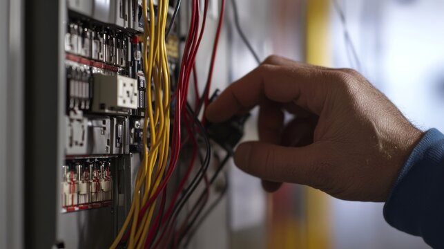 Electrician rewiring electrical panel. Indoor home setup