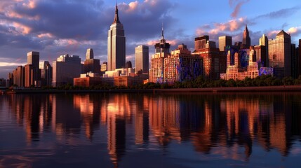 Obraz premium New York City skyline reflected in calm water at sunset