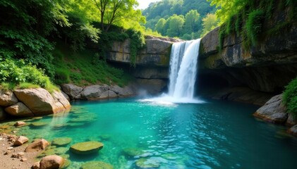 Hidden turquoise pool fed by cascading waterfalls , environment, escape, turquoise