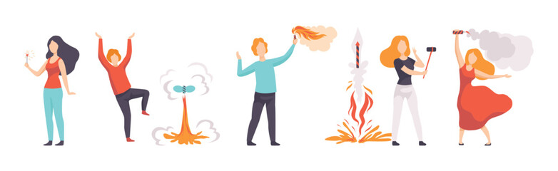 People Characters Launching and Watching Explosion of Fireworks Vector Set