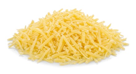 Pile of shredded yellow cheese on a white background food ingredient.