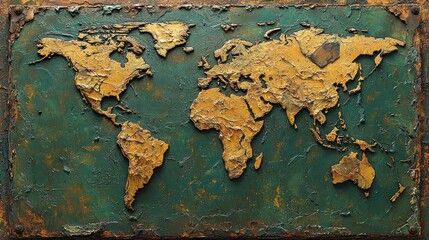 Golden Embossed World Map on Rustic Metal