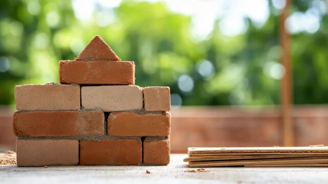 A stack of bricks is on a table with a wooden plank underneath. The bricks are arranged in a way that they resemble a house. Concept of construction and building