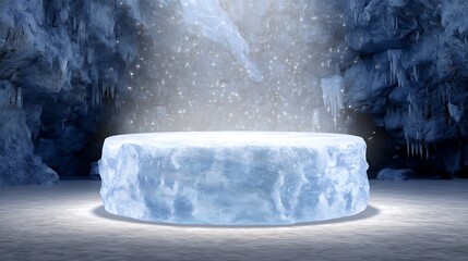 Round Ice Podium Illuminated In A Dark Frozen Cave Environment With Sparkling Light And Crystal Texture