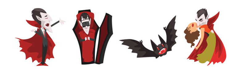 Count Dracula Character with Fangs Wearing Red Cape Vector Set