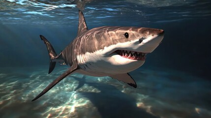 Naklejka premium Underwater great white shark, ocean depths, hunting pose, sunlight through water
