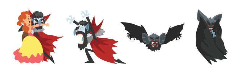 Count Dracula Character with Fangs Wearing Red Cape Vector Set