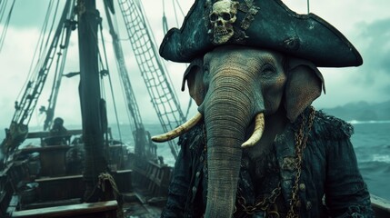 Elephant pirate stands by broken ship amid stormy seas near deserted island