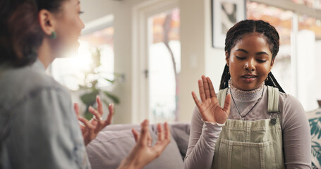 Frustrated women, friends and disagreement with argument for conflict, toxic discussion or ignore...