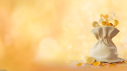 Golden Coins Pouring Out From A Beige Sack On A Warm Yellow Background with Bokeh Effect Representing Financial Wealth and Prosperity