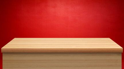 Beautiful empty wooden table, red wall background.