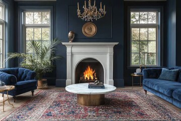 Fototapeta premium Modern farmhouse living room with navy blue walls, white fireplace, marble coffee table, blue velvet couches, and brass chandelier.
