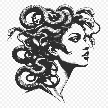 A detailed black and white depiction of a Woman with a snake on her head, ideal for mythology themes, tattoo designs, and dark fantasy concept projects. vintage artistic style sketch engraving 