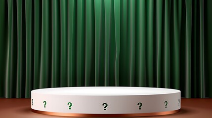 White Circular Podium With Question Marks Against Green Curtain Background