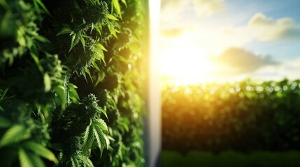 Indoor cannabis wall grow at sunset, outdoor field view