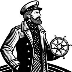 Vintage Maritime Captain Holding Ship Wheel in Nautical Style for Tattoo Design and Decor