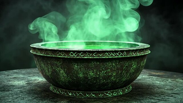 Mystical green potion bubbling in an ancient bowl surrounded by swirling smoke in a dark setting