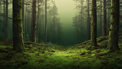  background image with coniferous forest, photo zone with green gradient AI generated