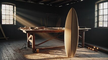 A handcrafted surfboard stands upright in a dimly lit workshop. Sunlight streams through windows, illuminating a wooden workbench filled with tools and materials for water sports - Powered by Adobe