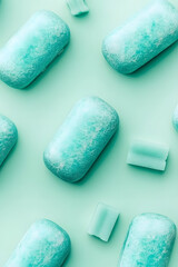 Chewing gum on pastel mint background, refreshing candy concept