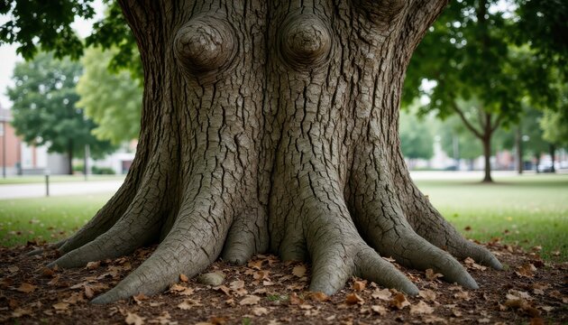 The sturdy trunk of a massive tree, exhibiting a noticeable lean due to persistent exposure to prevailing winds