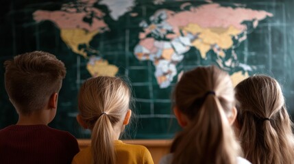 Children gazing at world map on classroom chalkboard.  Possible use Educational resource