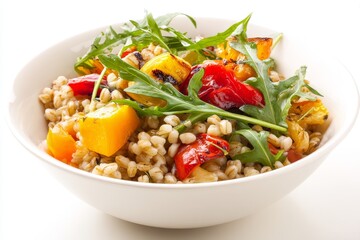 Fresh and Colorful Grain Salad with Grilled Vegetables and Arugula, Perfect for Healthy Dishes and Summer Meals