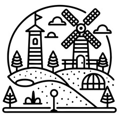 Charming Countryside Landscape with Windmill Tower Trees and Clouds for Coloring and Design