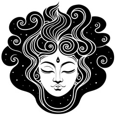 Meditative Woman Face with Spiraled Hair and Spiritual Elements for Tattoo or Coloring Design