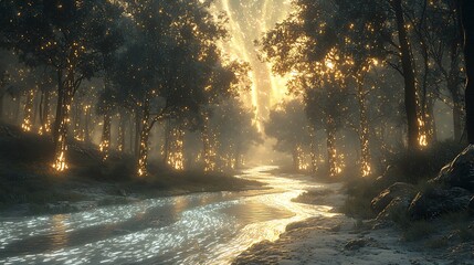 A surreal forest with flowing silver liquid streams winding through ancient bioluminescent trees under a glowing otherworldly sky