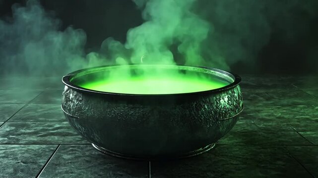 A bubbling cauldron of green potion emitting smoke in a dark, mysterious environment