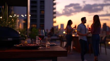 Rooftop party dinner with city sunset view