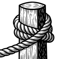 Detailed Black and White Vector Illustration of a Wooden Post with Rope Knot Design