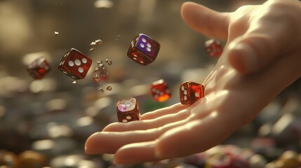A hand releases numerous dice into the air.