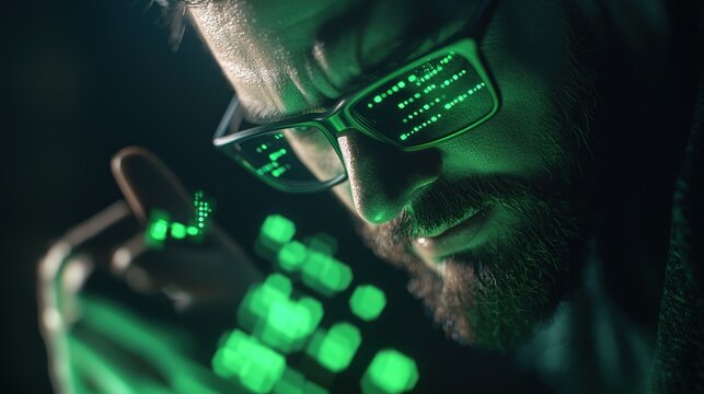 Focused hacker examining phone in dark room, digital code in background