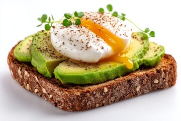 Delicious avocado toast with perfectly poached egg, sprinkled with black pepper and fresh microgreens on rustic whole grain bread for a healthy breakfast treat