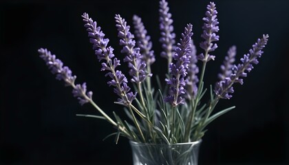Obraz premium Fresh lavender flowers on black stone background with place for text