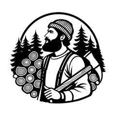 Rustic Lumberjack Portrait with Axe Surrounded by Pine Trees and Wood Logs for Outdoor Theme