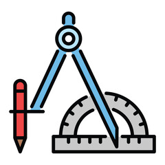 Compass and ruler color icon with editable stroke, featuring a compass used for drawing circles and a straight ruler used for measuring and drawing straight lines