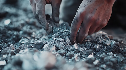 Laborer manually sorting lithium ore at a mining site for processing. Featuring manual sorting