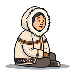 Inuit Person Sitting in Traditional Parka Cartoon Character Design for Educational Use